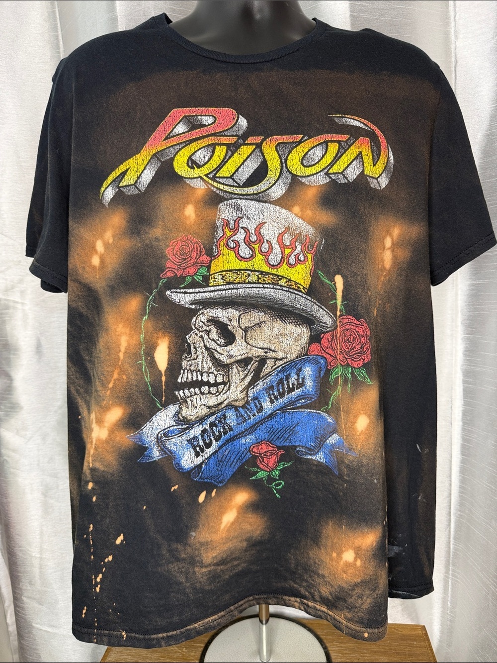 Poison Rock And Roll Skull Band T Crewneck Custom Reverse Dye Cotton XL READ